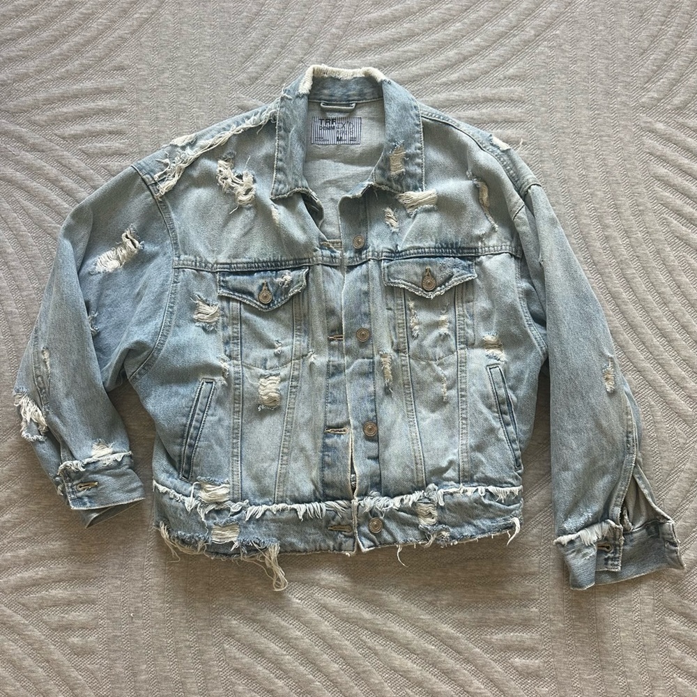 Zara Distressed Light Blue Denim Jacket
